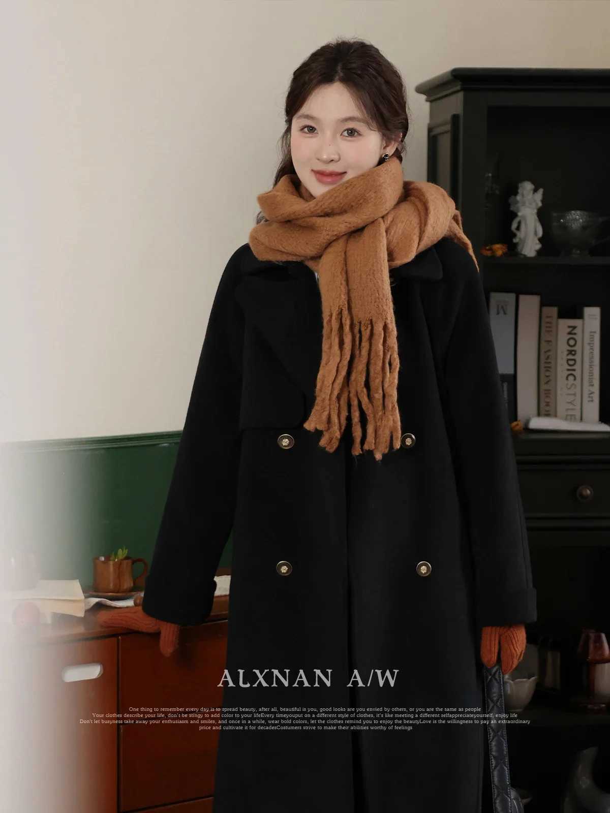 ALXNAN Womens Straight Wool Coat 2024 Commuter Casual Polo Collar Single Breasted Autumn Winter Outerwear Coats LXN32733X241009