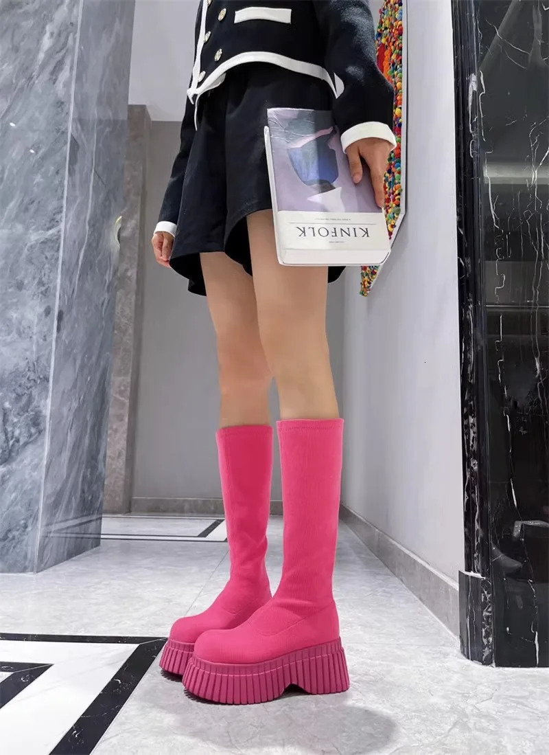 Womens High Heels Autumn Winter Fashion Knitted Elastic Boots Womens Retro Long Boots Sock Boots Botas Mujer 241007