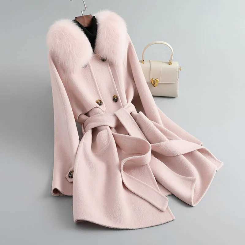 Womens Belted Real Wool Coat With Detachable Real Fox Fur Collar Fashion Autumn Winter Wool CoatX241009