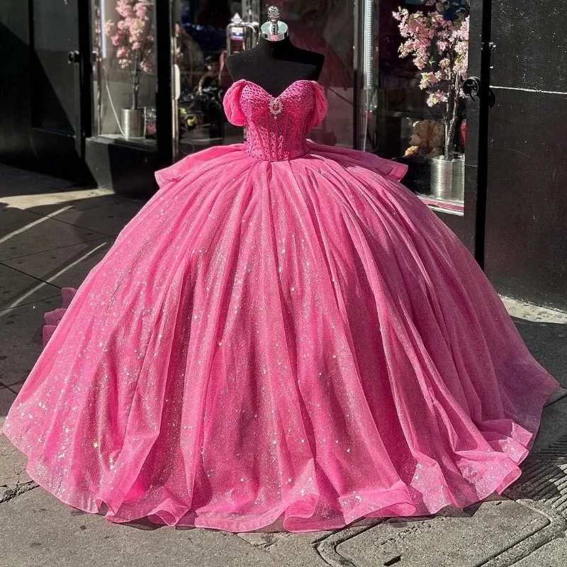 Watermelon Red Quinceanera Dresses Shiny Beads Crystal Bow Princess Birthday Party Dress Off Shoulder Ball Gown Vestido De 15 Anos Sweet 16 Dress