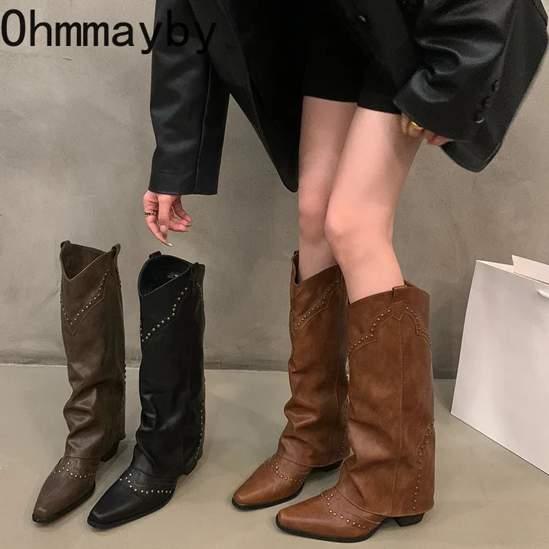 Autumn and Winter Womens Knee High Boots Retro Style Western Knight Boots Pointed Toe Square High Heels Womens Shoes 241007