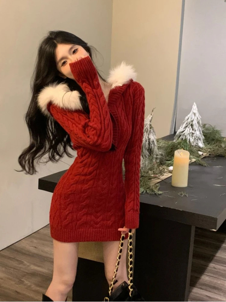 Winter Knitted Sweater Dress Hooded Womens Ultra Thin Body Y2k Mini Artificial Fur One Piece Korean Elegance 241007