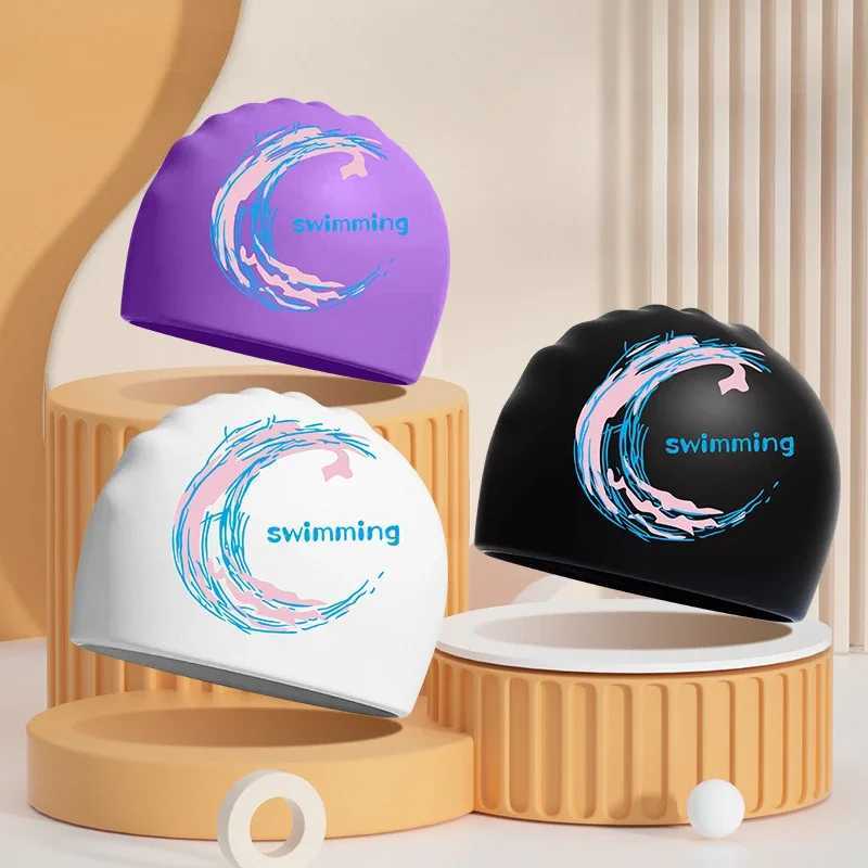 Printed swimming cap universal large-sized adult silicone swimming cap suitable for women men long hair ear protection adult swimming cap CL241009