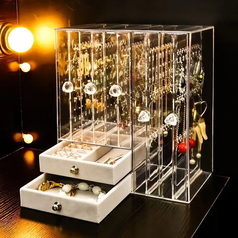 Plastic jewelry box storage womens velvet drawer jewelry organizer box necklace bracelet earring transparent display rack 240924