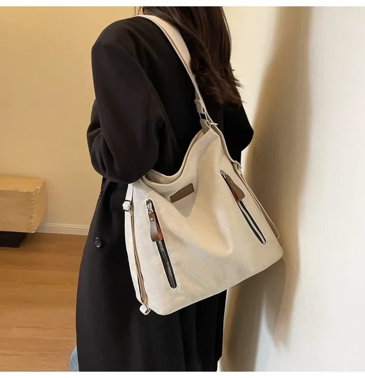 Large capacity canvas bag casual shoulder bag womens outdoor backpack commuting bag crossover bag 241008