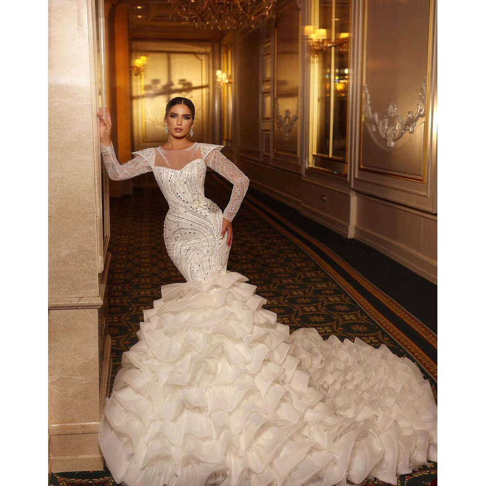 Gorgeous Wedding Dresses Mermaid O-Neck Crystals Beading Long Sleeve Princess Bridal Gown Vestido De Novia Customized 0228Lz