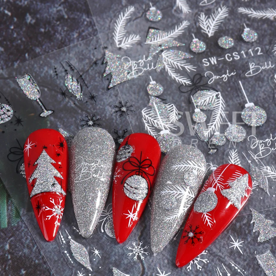 Silver Flash Christmas Nail Stickers 3D Winter Tree Snowflake Feather Lantern Gift Wine Holographic Ergonomic Slide Tips 241008