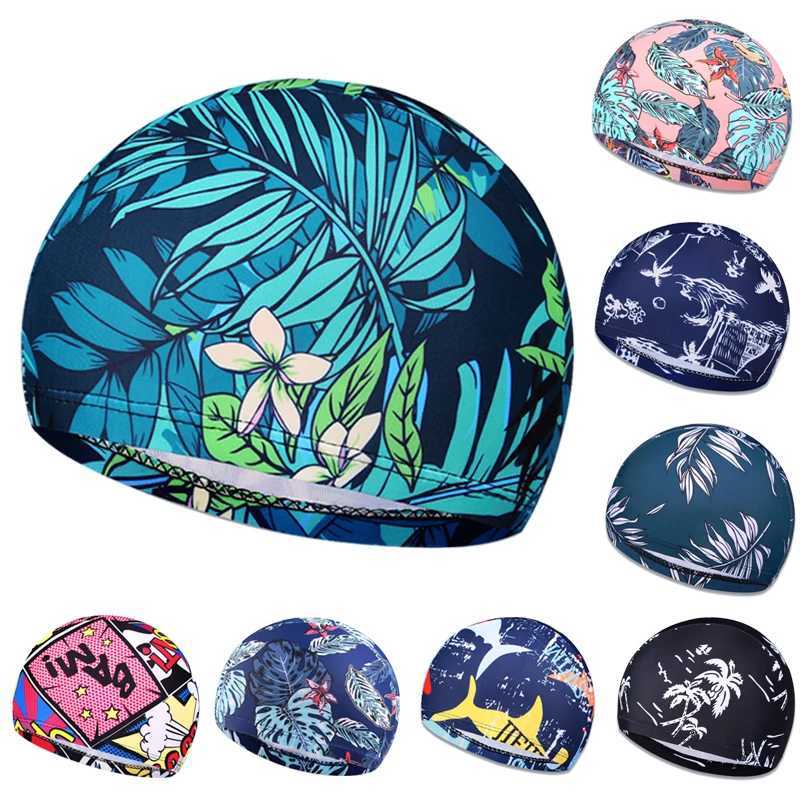 Newly printed mens swimming cap womens long hair swimming pool cap sports adult protection ear nylon childrens swimming cap cover CL241009