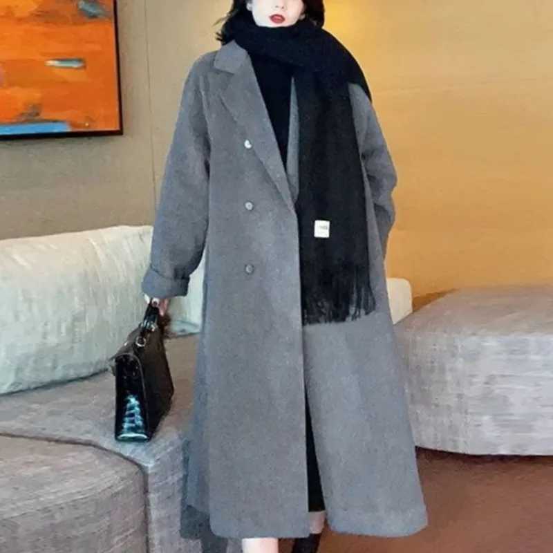 Womens Autumn Winter New Fashion Solid Color Suit Collar Button Pocket Tie Up Korean Versatile Long Sleeved Loose Woolen CoatX241009