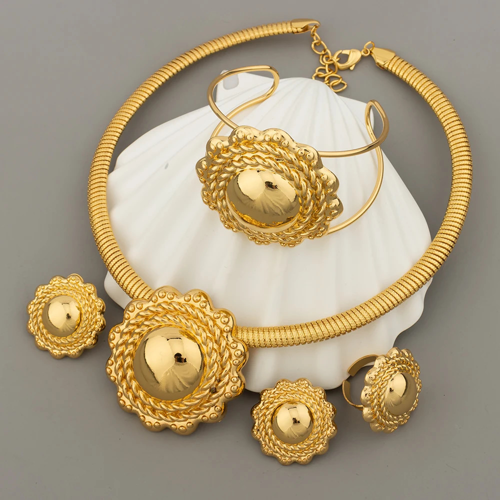 18k Gold Plated Jewelry Sets For Women Ethiopian Fashion Necklace Earrings Bracelet Ring Jewellery Set Wedding Party Gifs 241007