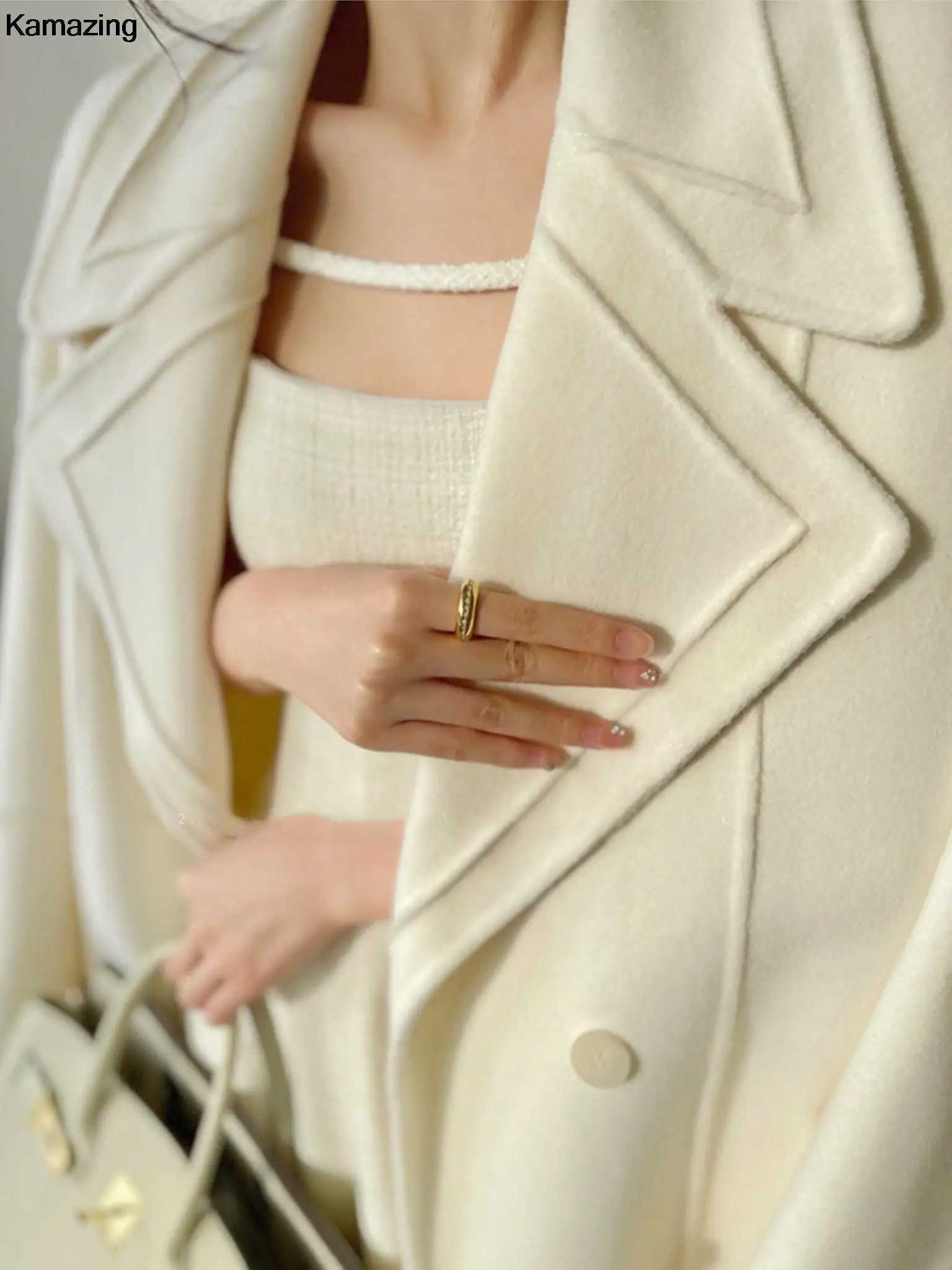 Elegant Woolen Long Coat Women New Fashion High Quality Spring Warm Solid Double Breasted Lapel Overcoat With Belt Female MujerX241009