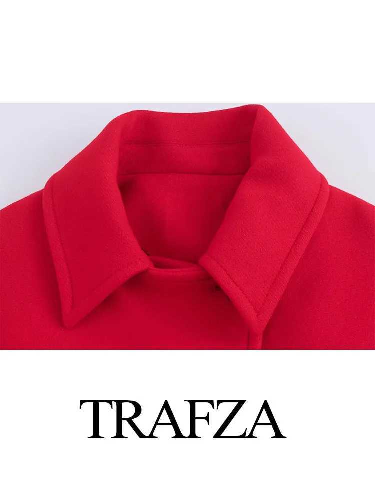 TRAFZA Womens Winter Elegant Casual Coat Red Turn-Down Collar Long Sleeves Pockets Single Breasted Women New Fashion CoatsX241009