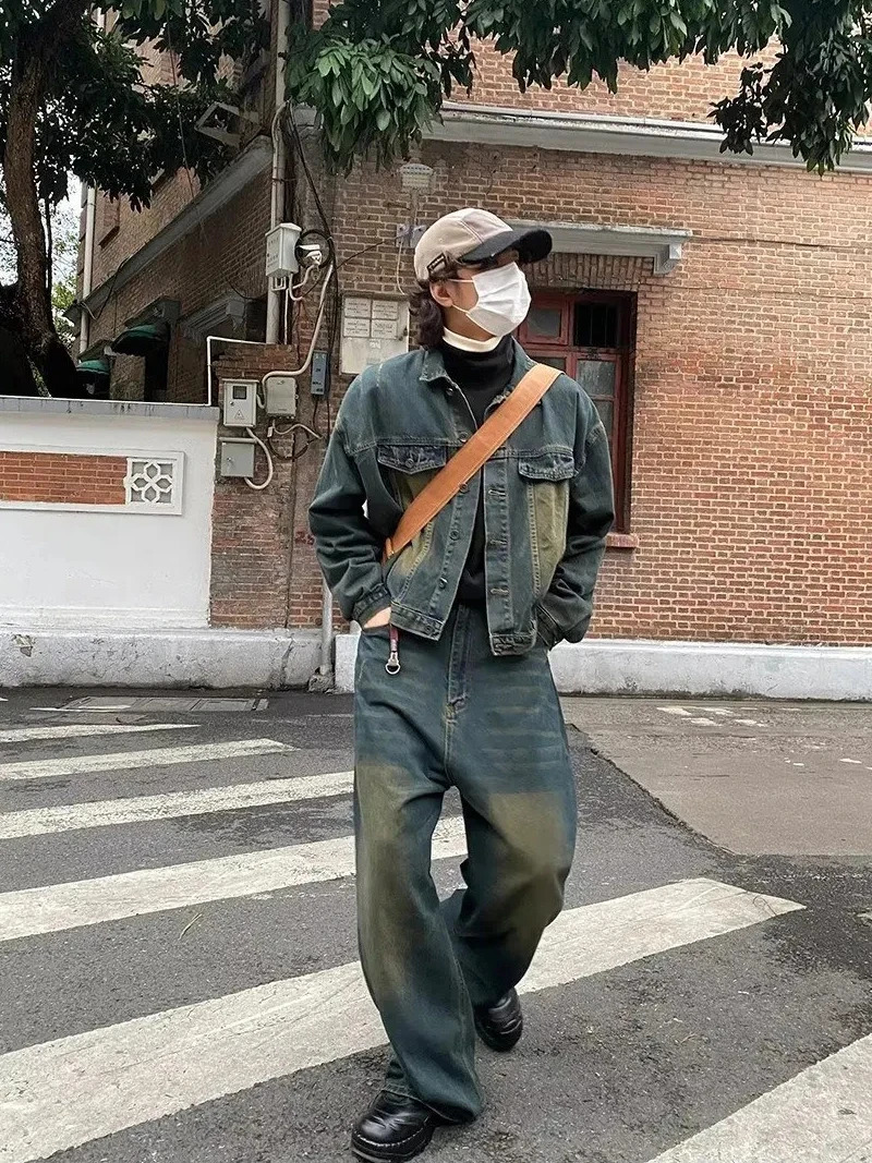 Reddachic Retro Green Mens Laundry Pocket Jeans Casual Wide Legs Adjustable Waist Y2k Pants Street Style Work Clothes Trousers 240929