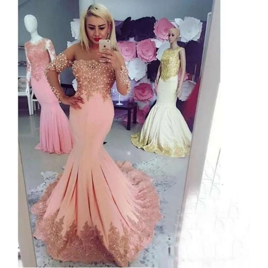 Dresses With Prom Mermaid Gold Lace Applique Beaded Off The Shoulder Long Sleeves Crystals Custom Made African Evening Gown Formal Ocn Wear Vestidos