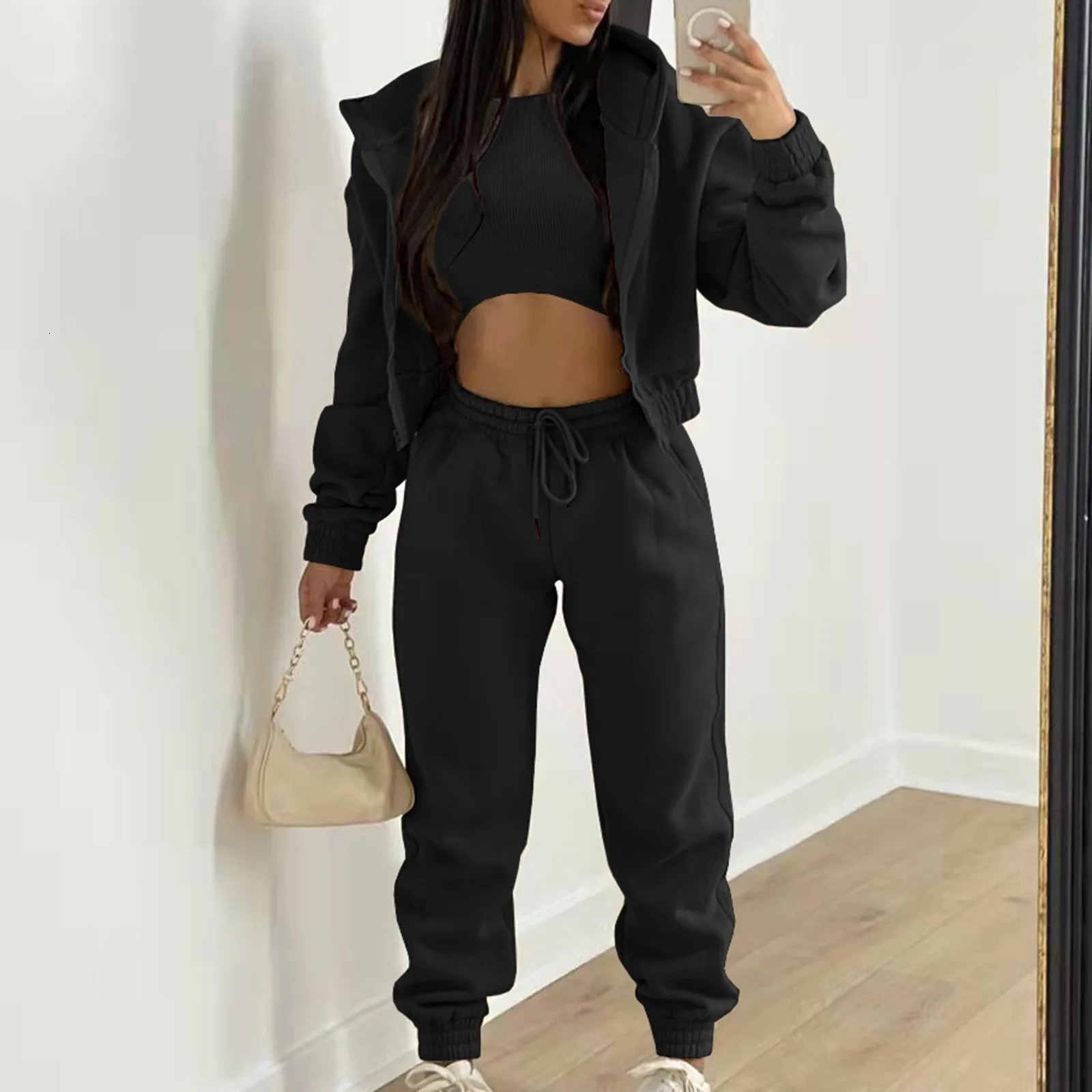 Womens 3piece casual long sleeved zipper hooded sweatshirtribbed vestwaist sports pants jogging set 241008