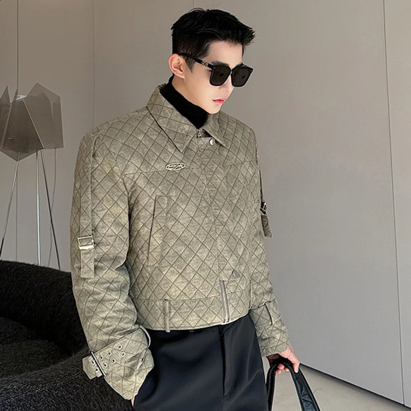 IEFB Argyle Male Padded Jacket Lapel Buckle n Zipper Gradient Color Mens Short Cotton Coats American Style 2023 9C3926 241008