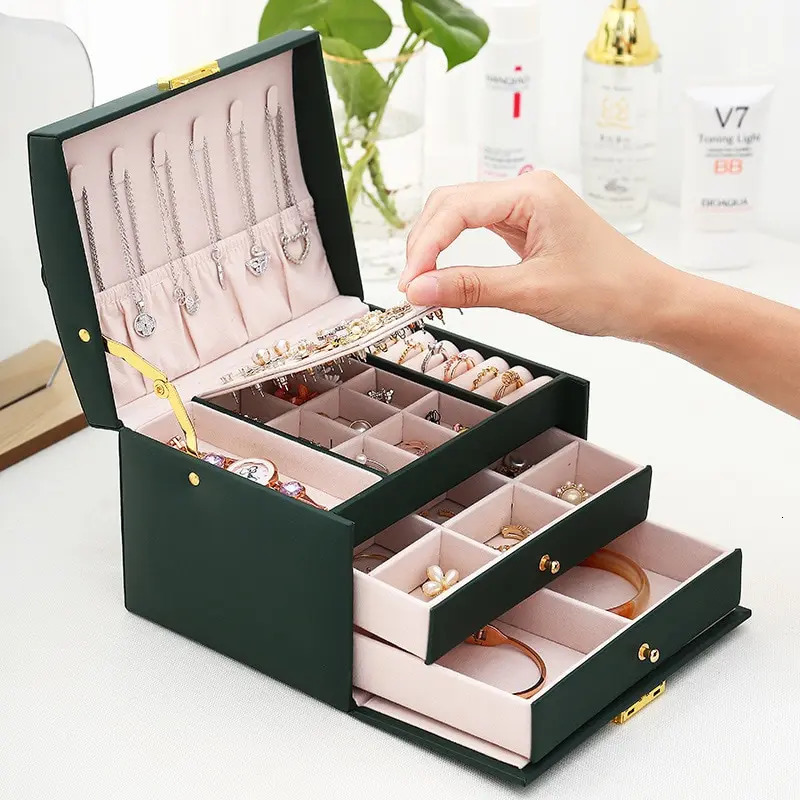 1 multifunctional three-layer leather drawer style jewelry box earring lock jewelry box 240924