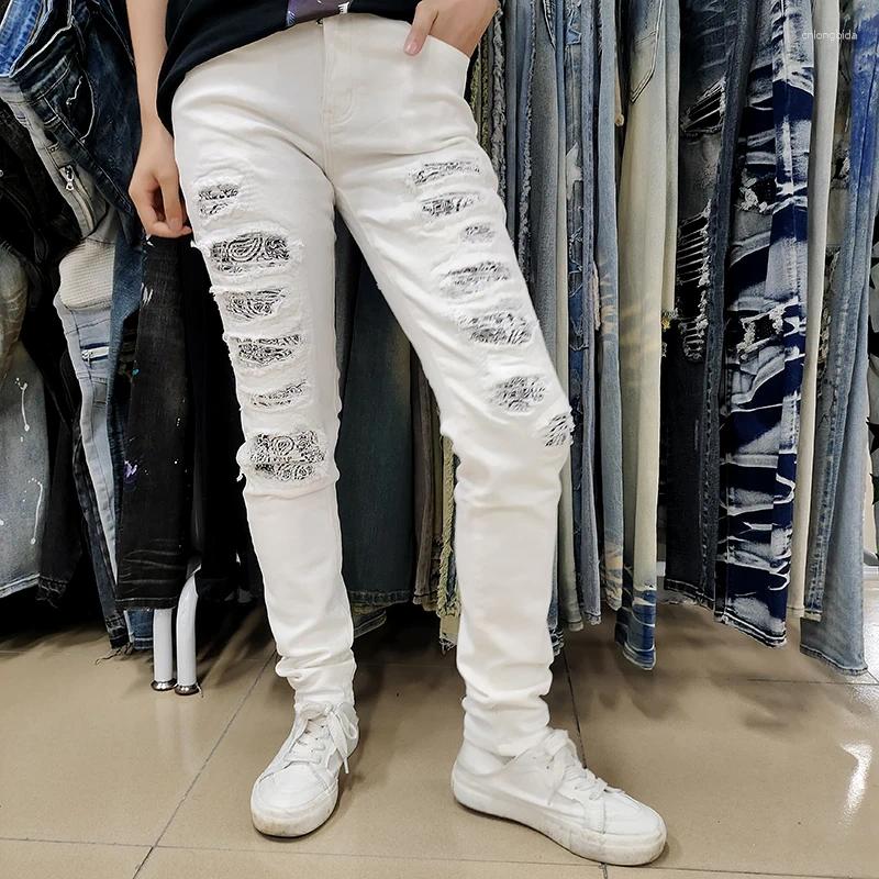 CNLONGBIDA Men's Jeans Summer White Holes Paisley Patches Skinny Vintage Hip Hop Big Boys Lightweight Size Ripped Pant