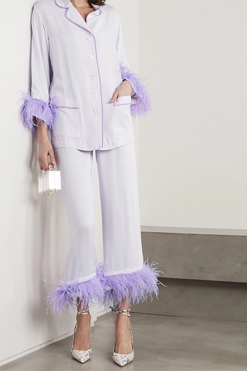 2024 Long Sleeved Sleepwear 100% Ostrich Feather Pamas For Women Home Clothes Two Piece Purple Pama Set Party Wear