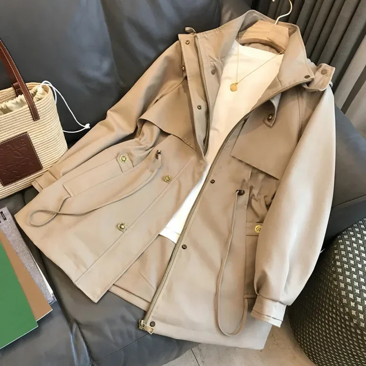 Womens khaki hooded trench coat autumn short style womens trench coat modern fashion womens trench coat 240927
