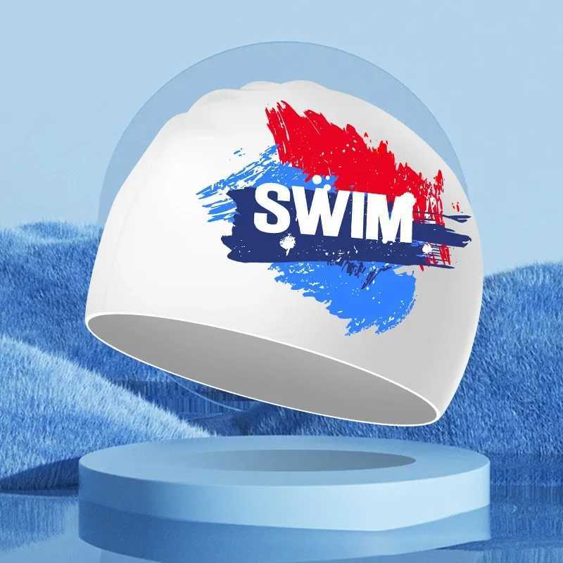 Printed swimming cap silicone anti slip waterproof mens swimming cap high elasticity long hair ear protection adult swimming cap CL241009