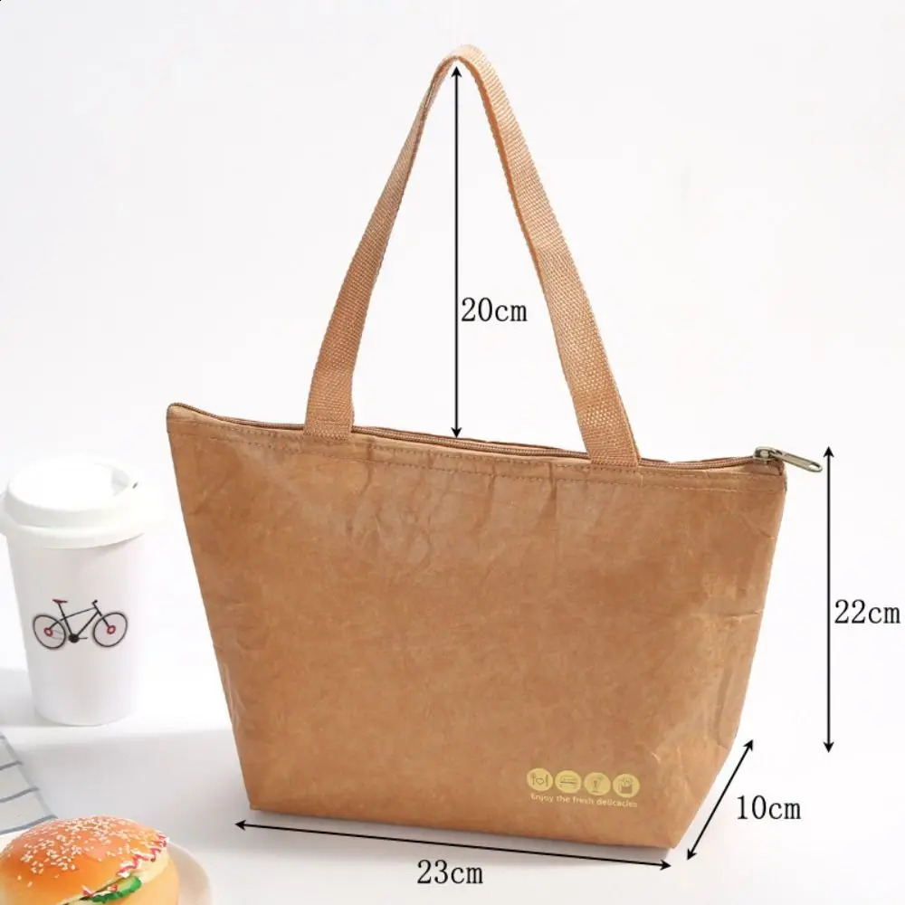 Large Capacity Lunch Bag Insulation Package Tote Canvas Food Hand Bags Waterproof Kraft Paper 240925