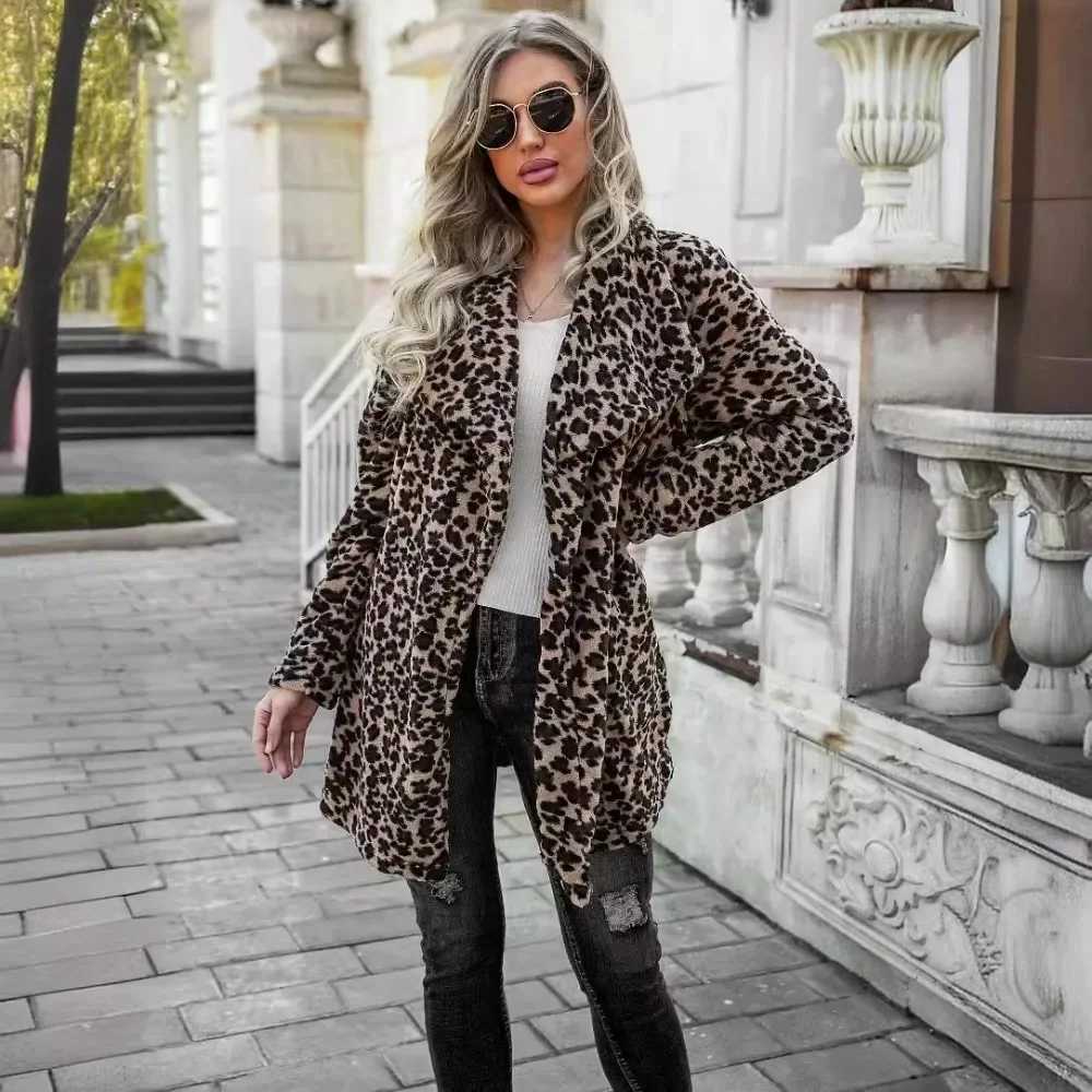 Leopard Print Woolen Coats Mid Length Fashion Casual Jackets Comfortable Long Sleeves Streetwear Ladies Autumn WinterX241009