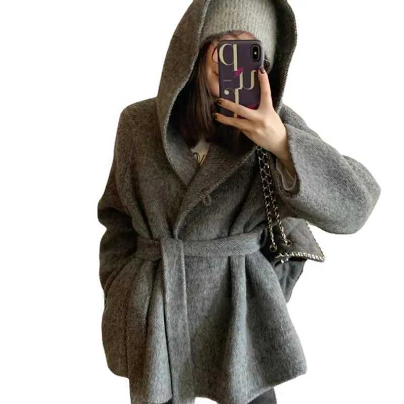 2023 Winter Jacket Women Thick Warm Loose Style Hood Luxury Casual Double -sided Wool Blends Ladies Miss Leisure Woolen CoatX241009