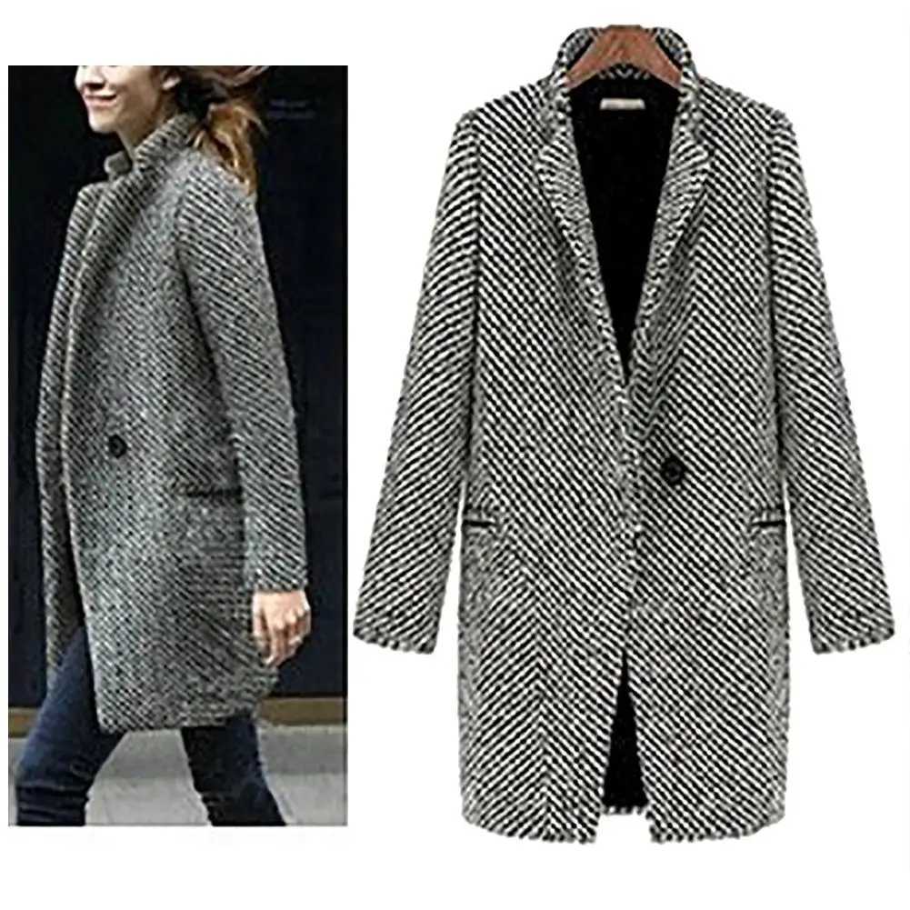 S-XL Casual Women Woolen long Coat womens 2019 Winter solid color Loose Female thinning Wool Blend coatX241009