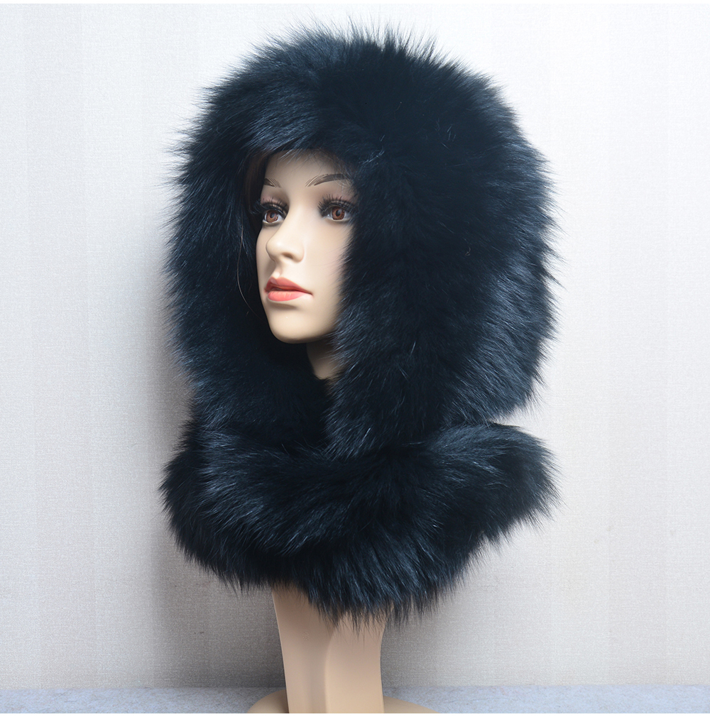Hot Sell Winter Women Natural Hats&Scarves Lady Warm Fluffy Real Fox Hat&Scarf Knit Genuine Fur Hooded Scarf