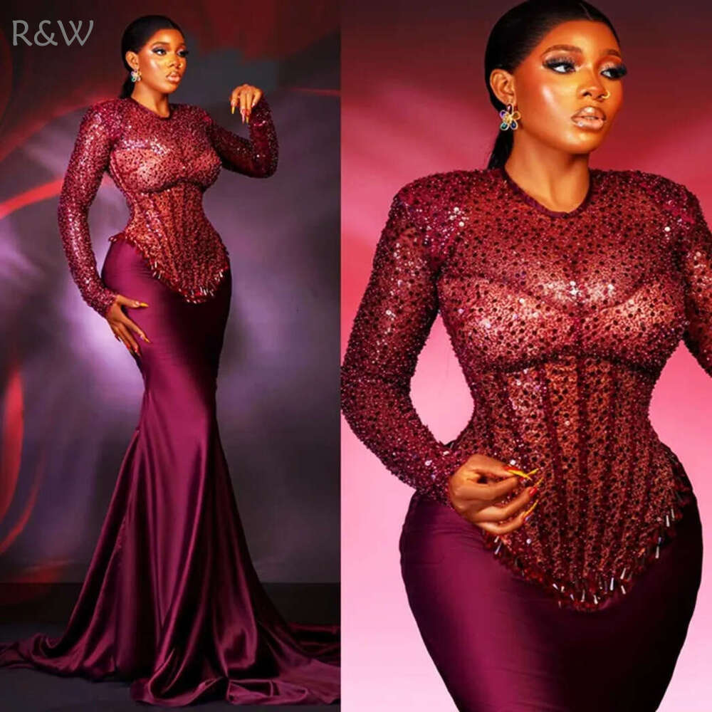 R&W 2024 Plus Size Prom for Special Ocns Evening Dresses Elegant Illusion Long Sleeves Sequined Lace Crystals Birthday Party Dress Engagement Gowns AM