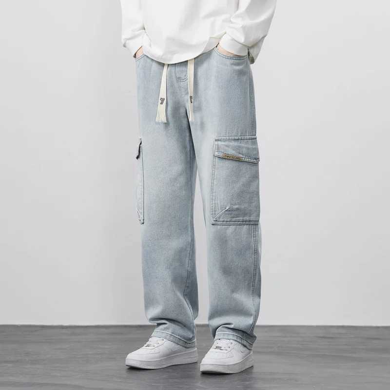 Cargo Pants Mens Straight Jeans Stretch Waist Casual Soft Sweatpants Male Clothing Vintage Baggy Denim TrousersX241009