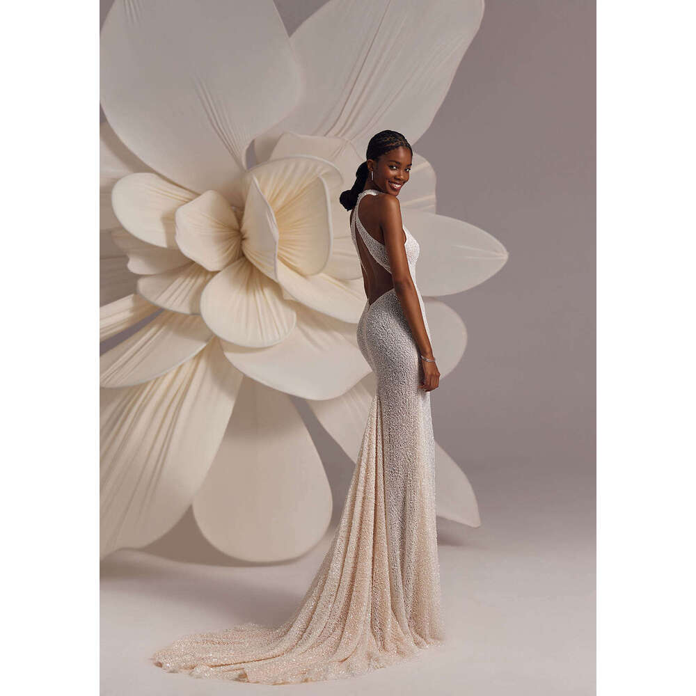 New Arrival Wedding Dress Mermaid Halter Sequined Sleeveless Backless Gorgeous Bride Vestido De Noiva Custom Made