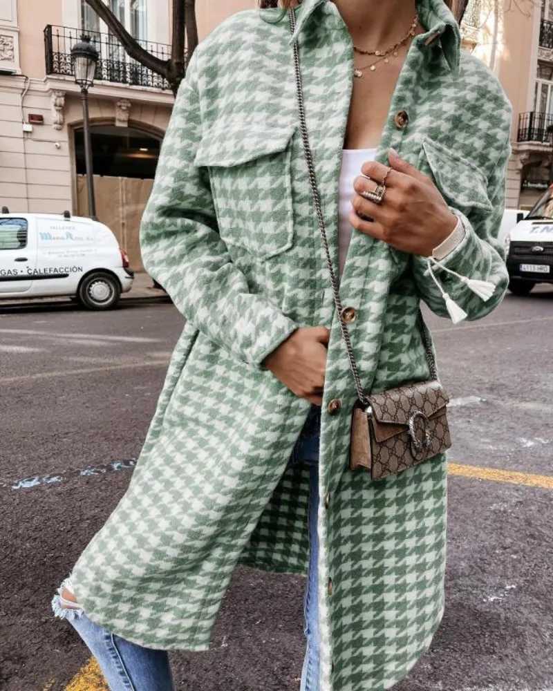 Womens Clothing Autumn and Winter New Fashion Commuter Houndstooth Printed Woolen JacketX241009