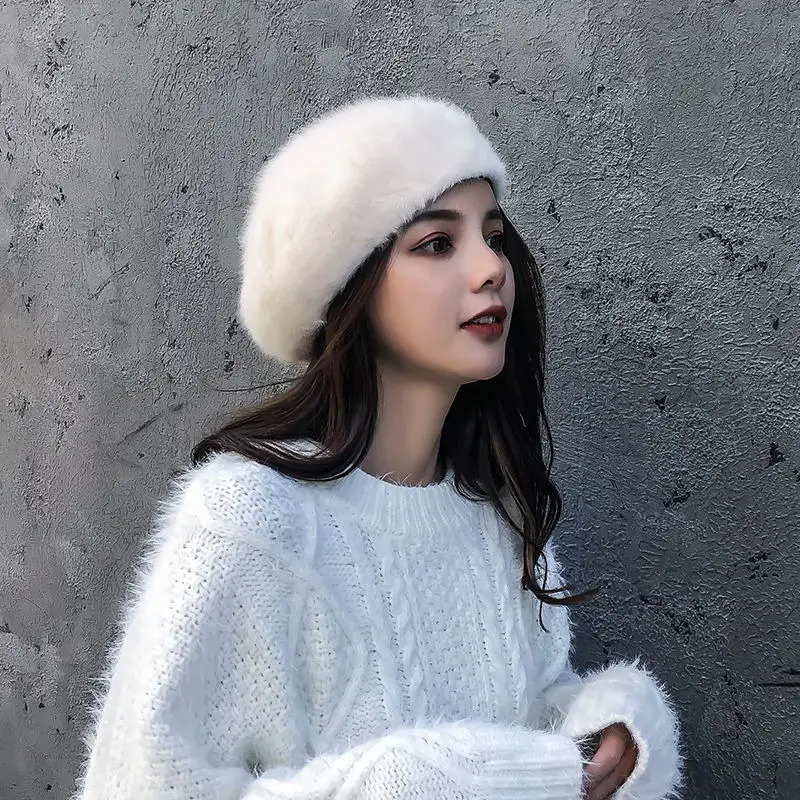 Black/White Fashionable Classic Womens Rabbit Fur Beret Autumn/Winter Warm Thick Plush Hat Casual Solid Color Elegant Sweet Beret 241007