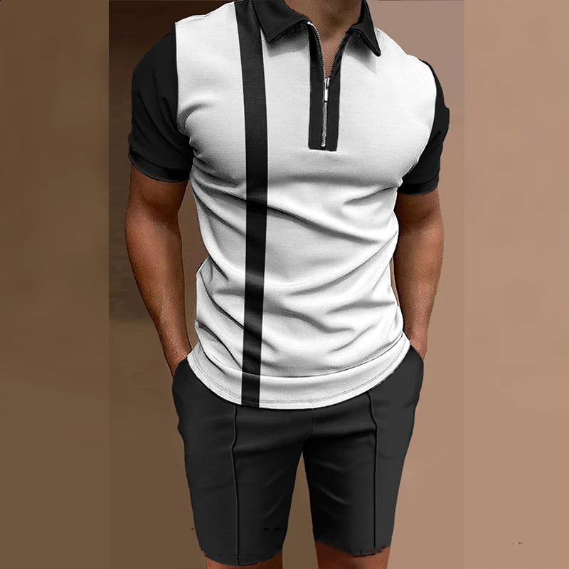 Summer beach element pattern printed mens sportswear set casual zipper polo shirt and shorts 2-piece set vacation party mens clothing 240930