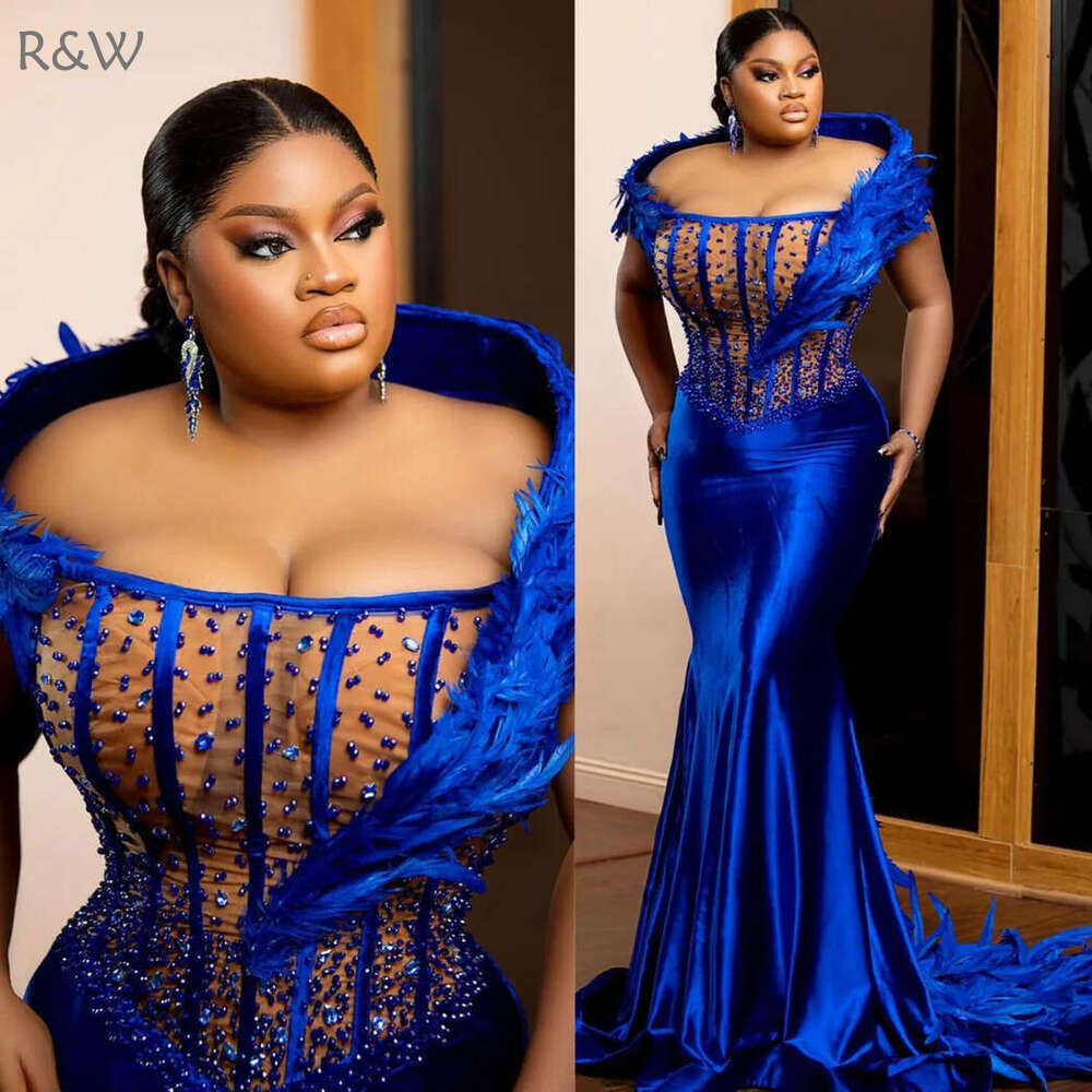 R&W 2024 Plus Size Prom Dresses for Black Women Promdress Feathered Portrait Beaded Veet Birthday Dress Second Reception Gowns Engagement Gown Vestido