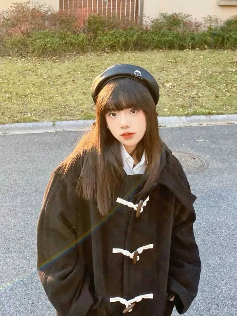 Horn Button Japanese Woolen Coats for Women Winter Jacket Fashion Mid Length Black Hooded Korean Unique Long Coat Women ClothesX241009