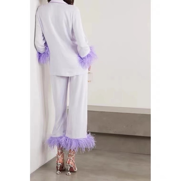 2024 Long Sleeved Sleepwear 100% Ostrich Feather Pamas For Women Home Clothes Two Piece Purple Pama Set Party Wear