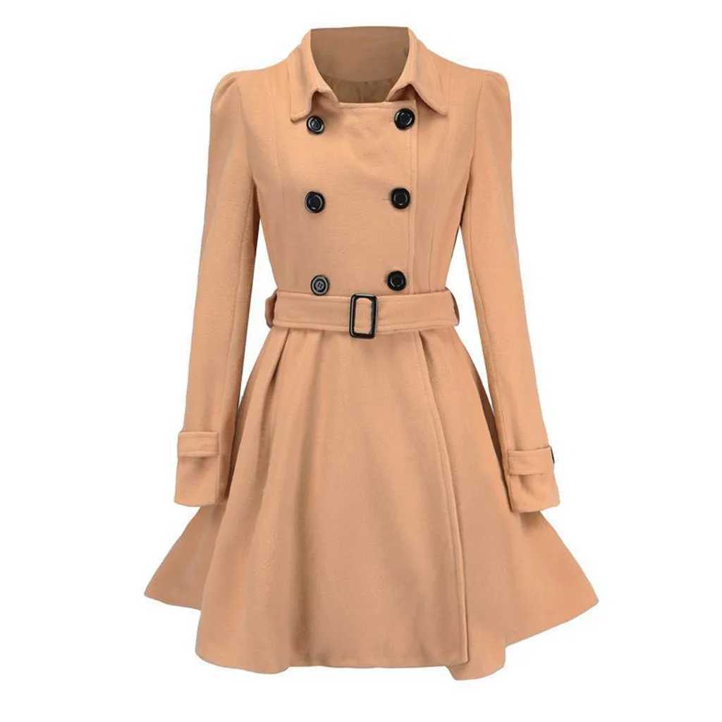Autumn Winter Overcoats Women Double Breasted Waistband Woolen Coats For Women Fashion Solid Color Lapel Tie Waist TrenchX241009