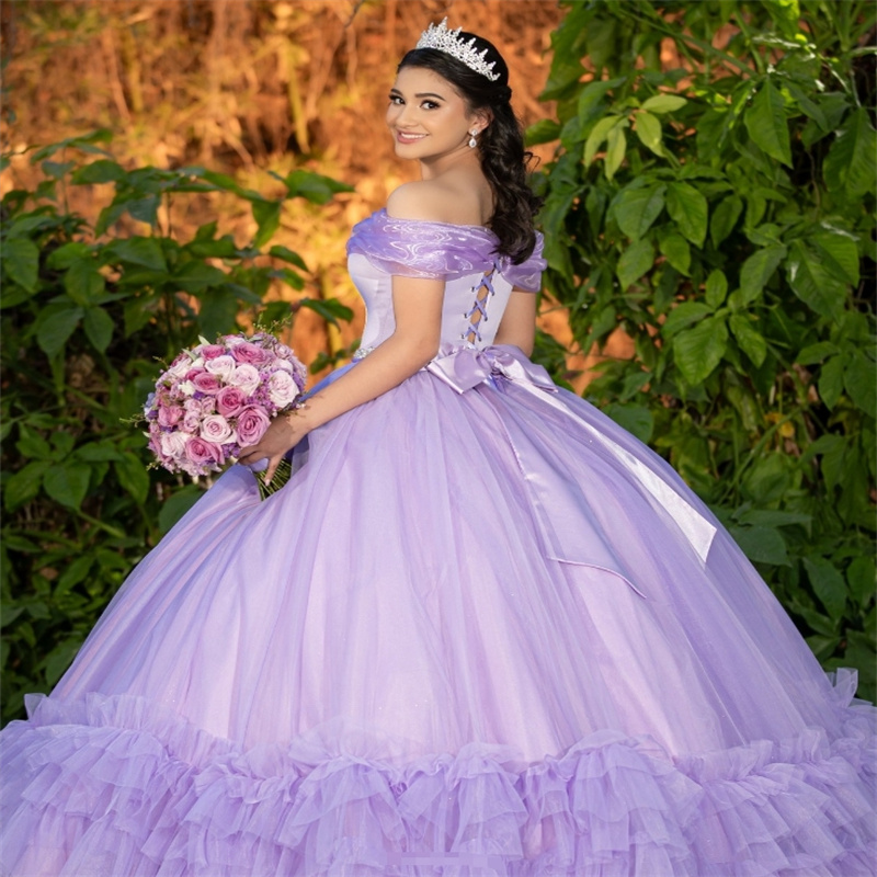Princess Lilac Quinceanera Dresses Off Shoulders Beaded Sixteen Vestido Para Quinceanera Elegant Ruffles Fairy Birthday Party Vestidos De Xv Anos Swee