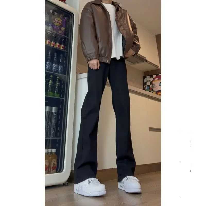 New Black High Street Pants For Men Instrendy Hip Hop Slim Fit Zip Up Side Slit Denim Casual Straight Leg TrousersX241009