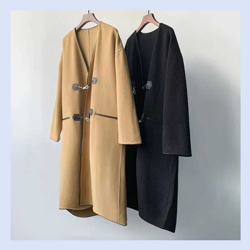 Autumn and winter Swedish leather buckle double-sided woolen loose retro hook elegant womens coat jacketX241009