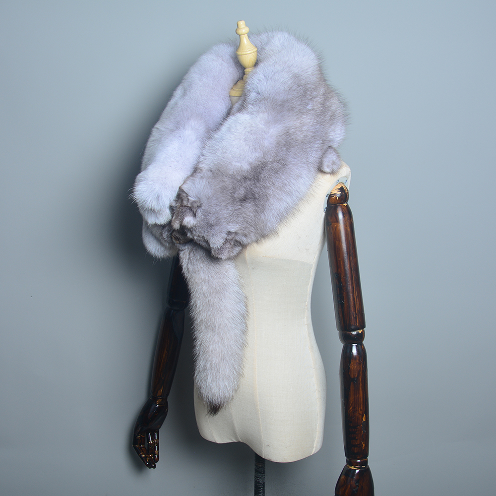 2024 Lady Real Woman Winter Warm Natural Shawl Soft Headscarf Super Big Gray Sier Fox Scarf Fur Accessories