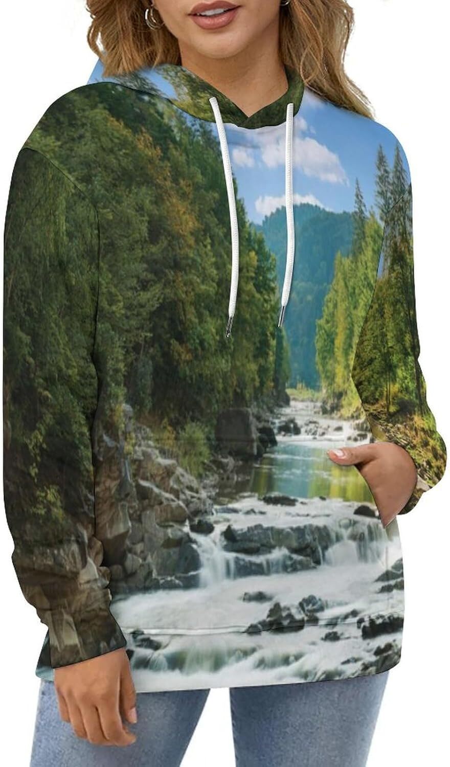 Hoodie for Mens Womens Mens Unisex Novelty Hoodies Shore of Seventh Lake Tree Sunbeam at Sunset Water Reflection Hooded Sweatshirt Graphic Pullover Lo