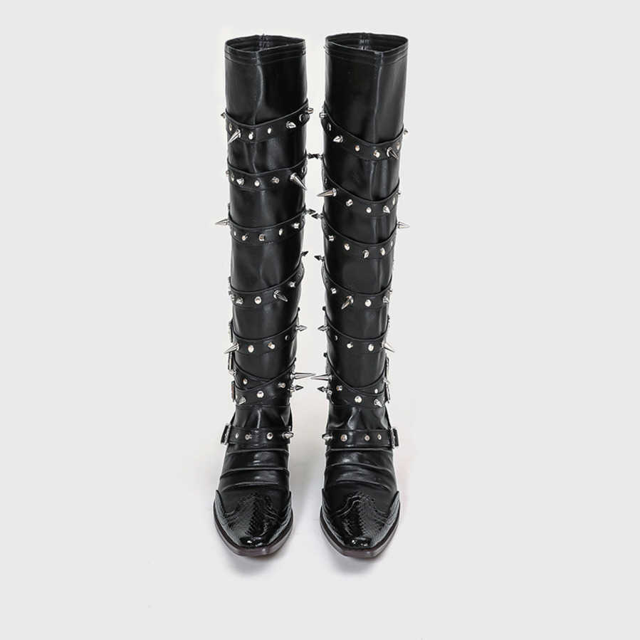 Punk Gothic Style Fashion Boots Wide Tube Cowboy Boots Pointed Pile Martin Boots For Women Rivet Long Tube Boots 240826