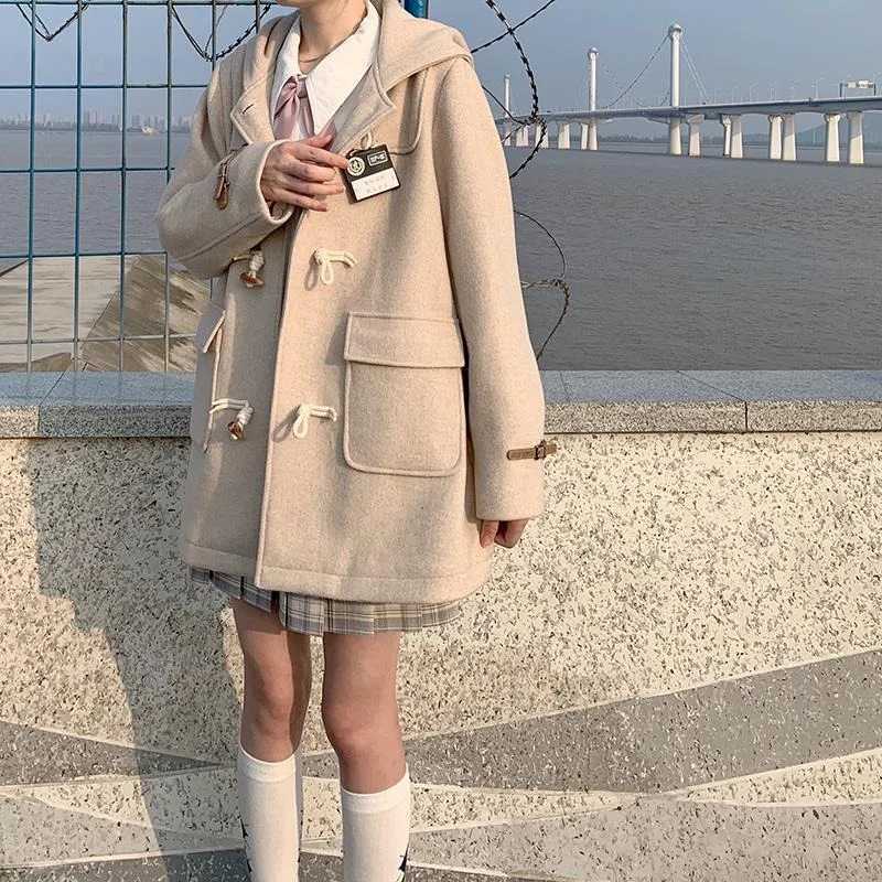 Womens 2023 Autumn/Winter New Japanese Thickened Woolen Coats Reduced Age Cow Horn Button Hooded Woolen Coats Womens ClothingX241009