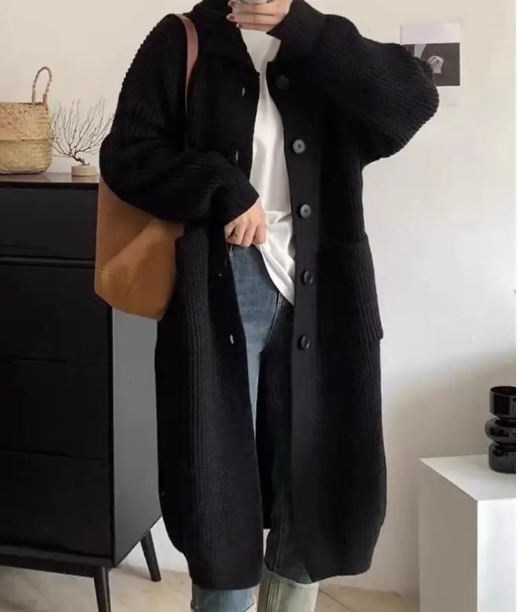 Womens long sleeved knitted cardigan solid casual single chest high neck double pocket jacket winter coat 241007