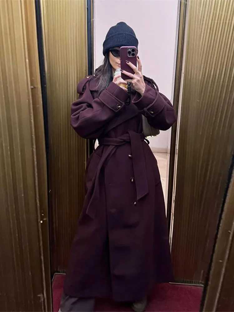 Wine Red Double Breasted Woolen Trench Coat Women Casual Lapel Long Sleeves Long Overcoat 2024 New Lady Commute Office OuterwearX241009
