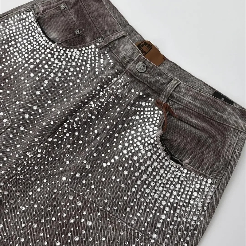 Gothic trend rhinestone pocket exquisite denim shorts mens y2k hip-hop personality style daily couple wide-leg pants 241008
